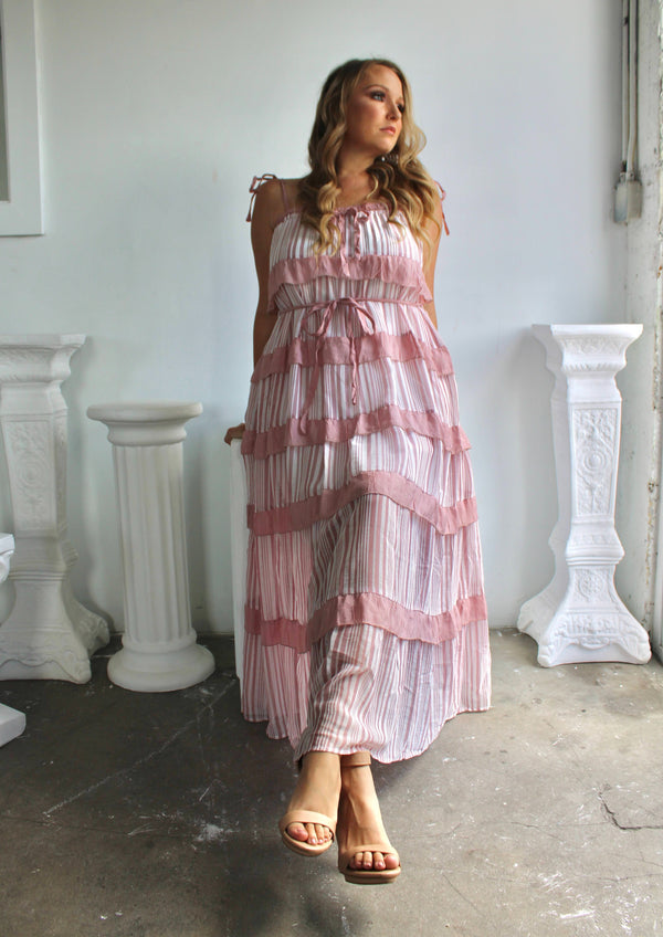 Mauve Striped Dress features beautiful striped detailing and a multi-tiered look